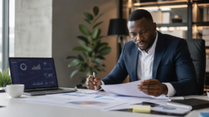 Dirigeant analysant un business plan et les performances de son entreprise